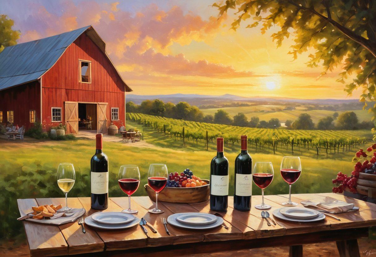 An inviting wine tasting scene in Arkansas, featuring a rustic wooden table adorned with a variety of wine glasses filled with rich, deep reds and crisp whites. Lush vineyards stretch in the background under a golden sunset, with small groups of people enjoying the experience. A charming barn and rolling hills set the atmosphere, accentuating the warmth and beauty of the region. Painting style, warm colors, soft focus.