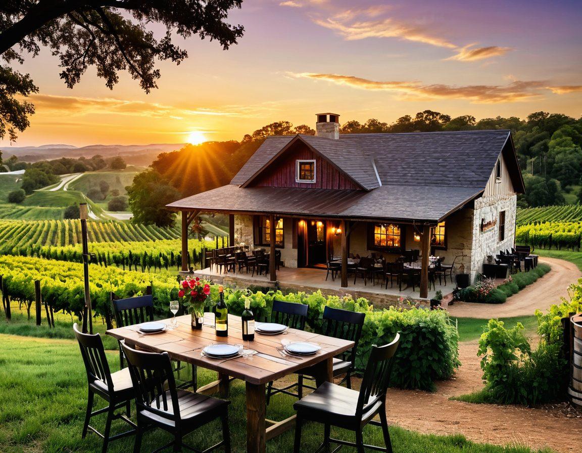 A picturesque view of lush Arkansas vineyards under a golden sunset, with rows of grapevines stretched across rolling hills. A rustic wooden tasting room in the foreground, with wine glasses and bottles elegantly placed on a table. A couple enjoying a tasting experience, surrounded by vibrant flowers, and a signpost indicating various vineyard regulations. The scene captures the warmth and beauty of wine country. super-realistic. vibrant colors. natural lighting.