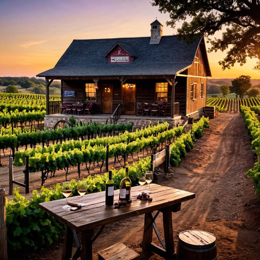 A picturesque Arkansas vineyard at sunset, with rows of grapevines leading towards a quaint tasting room. A couple is seen enjoying wine, while a signpost displays various wine laws and regulations in an artistic manner. Small wine bottles and grapes scattered on a rustic wooden table in the foreground. Soft, warm lighting enhances the inviting atmosphere. super-realistic. vibrant colors.